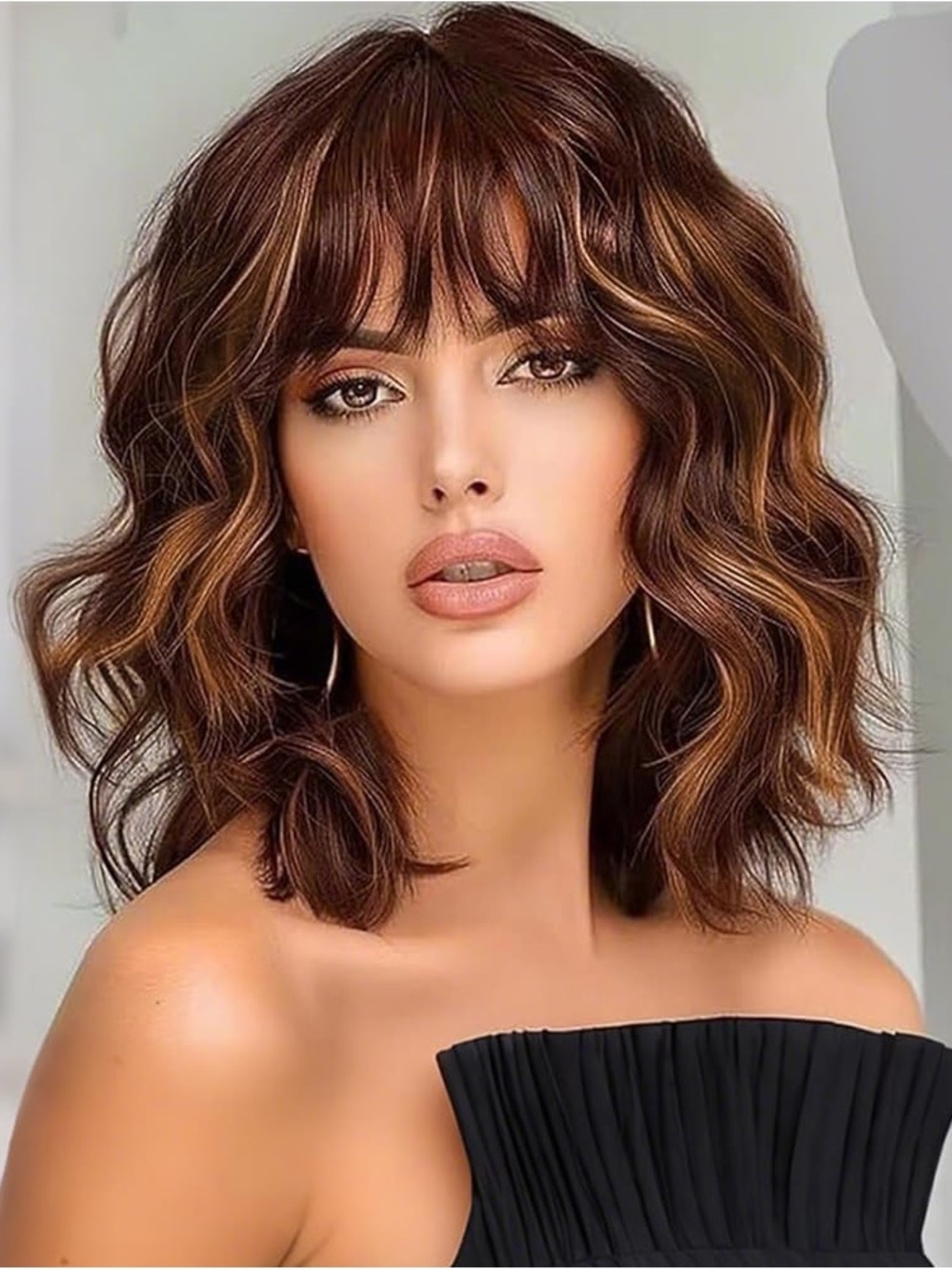 Ucubb Wig For Women Short Wavy Curly Bob Wig With Bangs